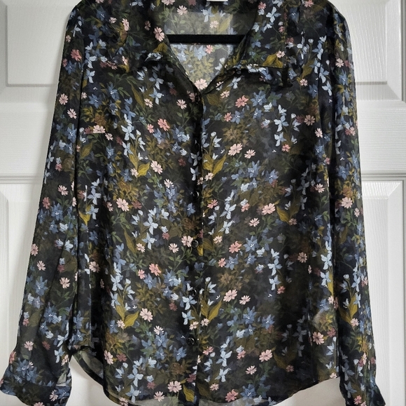 Cabi Women's Floral Sheer Button Up Ruffle Collar Blouse - Black and Blue-Size S - Picture 10 of 10